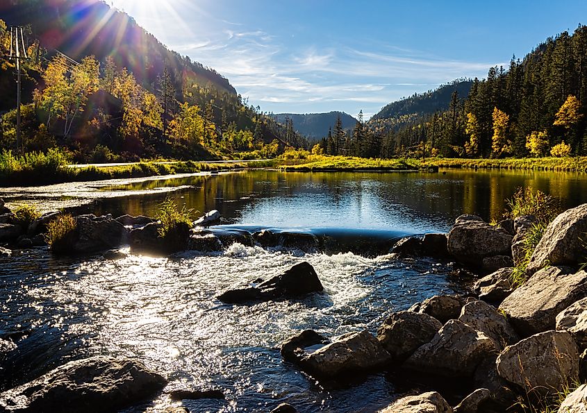 Cascades on Spearfish Creek Dam and Savoy Pond, Spearfish Canyon State Natural Area, South Dakota, USA.