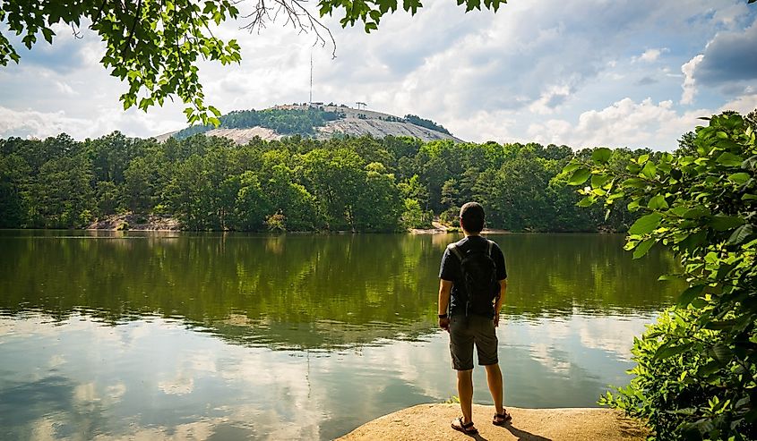 Trekking at Indian Island, East Lake in Stone Mountain Park, Georgia.