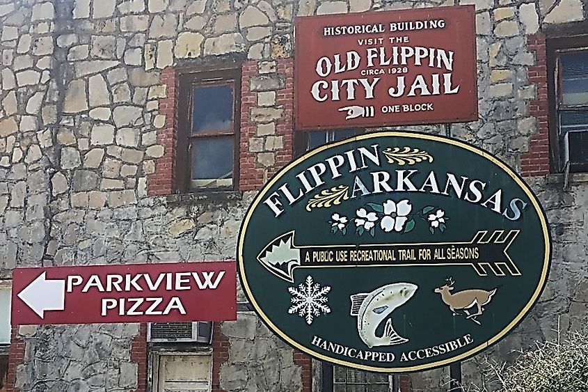 Signage in Flippin’s downtown helps create a sense of place and alert visitors of nearby attractions.