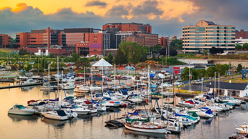 Boats docked along the harbor in Erie, Pennsylvania.