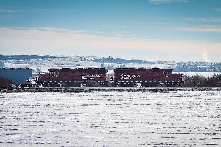 A train passes by Lacombe, Alberta, Canada.