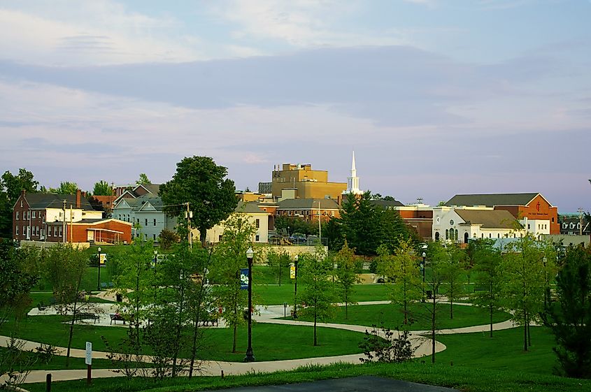 Cookeville, Tennessee, USA, viewed at sunset looking east. Dogwood Park in foreground.