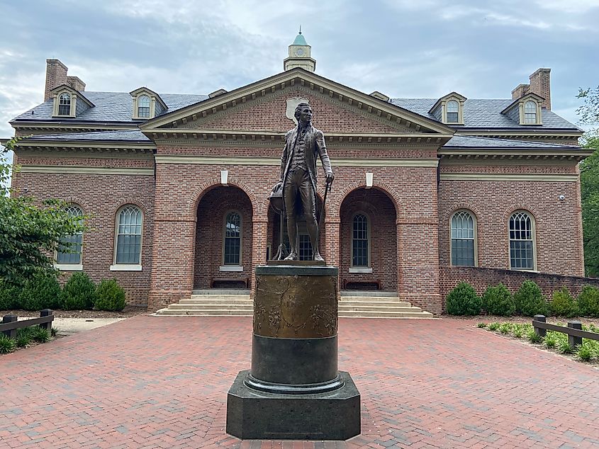 Statue of former American President James Monroe, outside of Tucker Hall at the historic College of William and Mary.