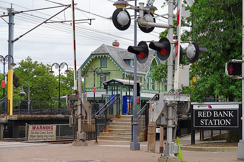 View of the historic Red Bank Train Station in Red Bank, New Jersey.
