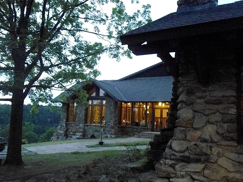 A view of the Mather Lodge Restaurant at sunset, Petit Jean State Park, Arkansas