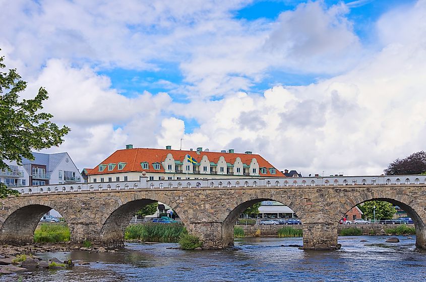 The 18th-century Falkenberg Bridge across the Ätran River is one block from Storgatan in Falkenberg, Sweden.