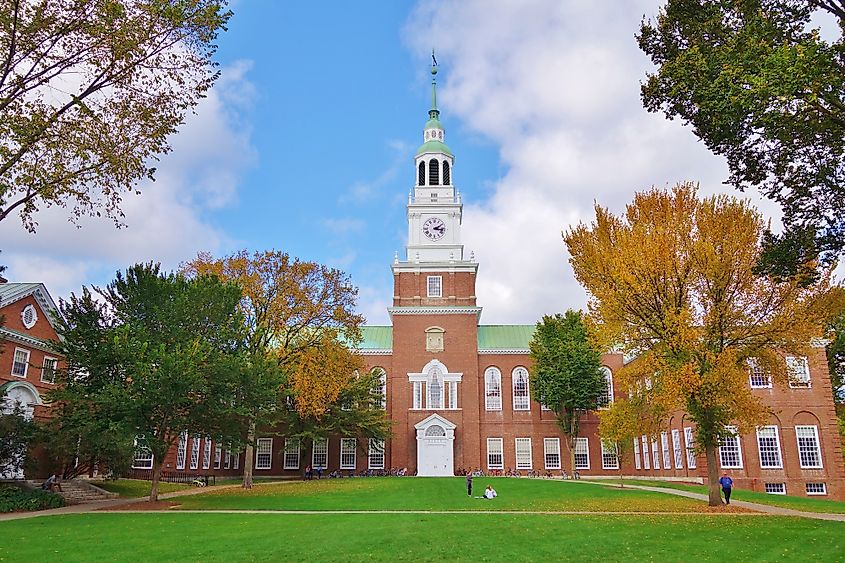 Baker Tower stands in the center of the Dartmouth University campus in Hanover, New Hampshire