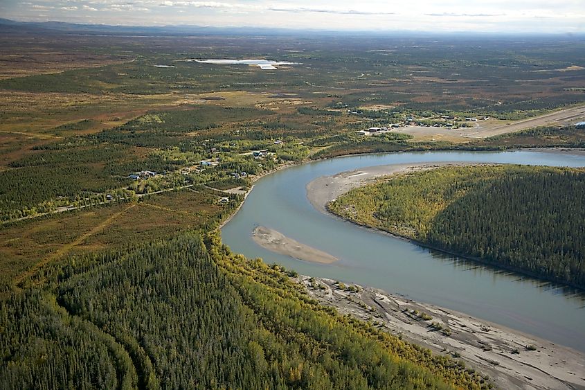 Aerial view of Bettles (right) and its neighbor Evansville (left).