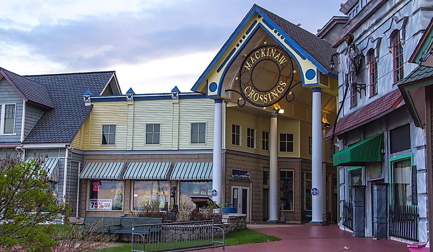 Exterior of empty shopping mall in the tourist town of Mackinaw City on a summer weekend.