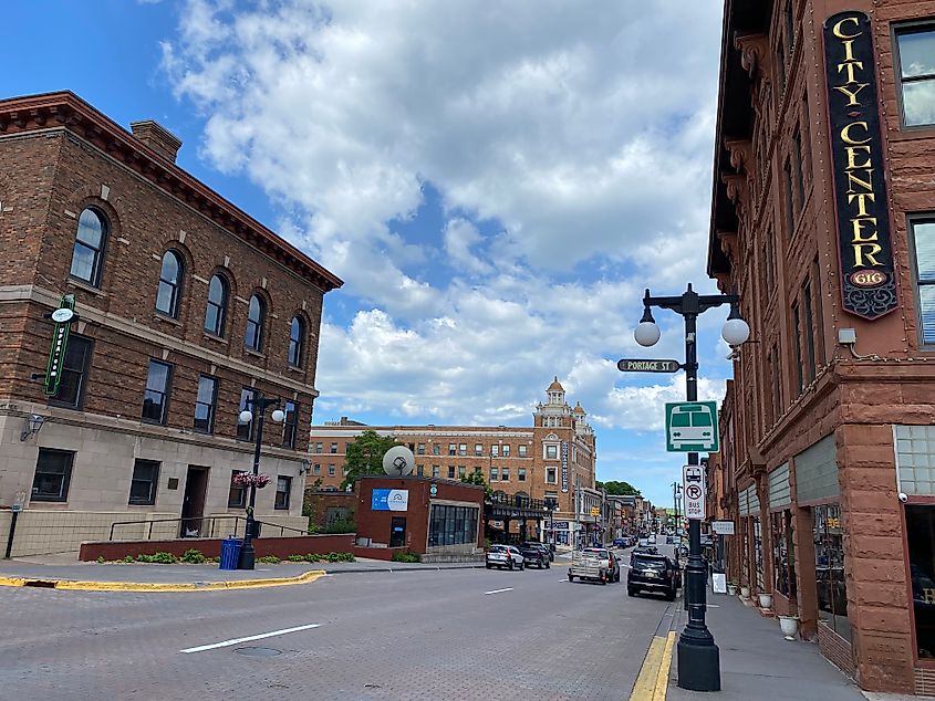 The red-brick buildings of downtown Houghton.