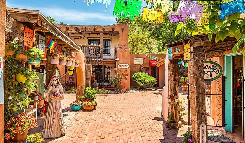 Old Town shops and restaurants in historic Albuquerque, New Mexico.