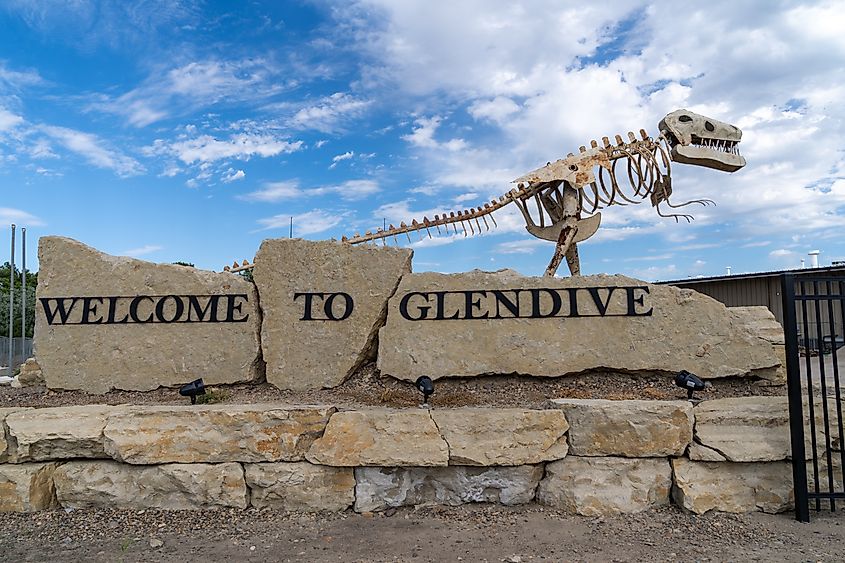 Welcome to Glendive sign features a dinosaur skeleton, as the town is known for fossils