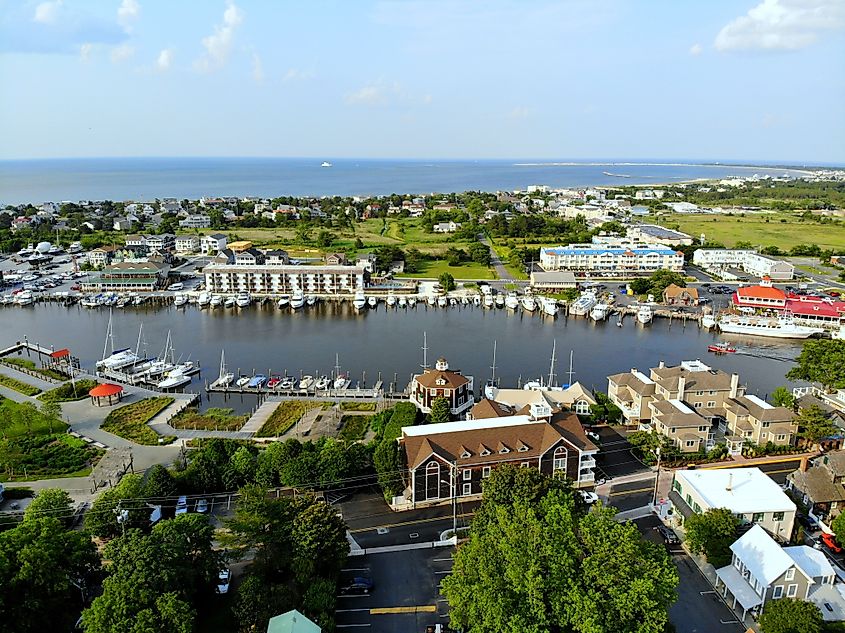 The aerial view of the beach town, fishing port and waterfront residential homes along the canal in Lewes, Delaware. Editorial credit: Khairil Azhar Junos / Shutterstock.com