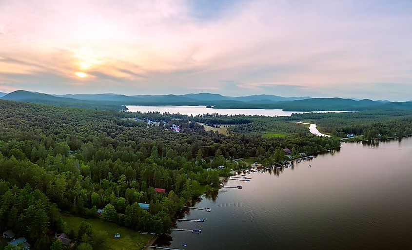 Aerial view of Speculator, New York with Lake Pleasant in the foreground