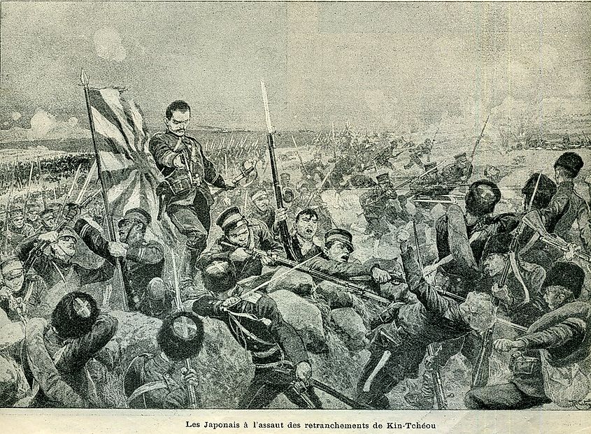 Illustration depicting the Japanese assault on the entrenched Russian forces, 1904