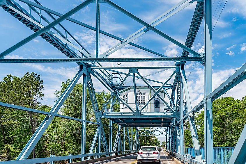 The local swing bridge in Socastee, a section of Myrtle Beach, allowing both cars and boats to cross the Intracoastal Waterway