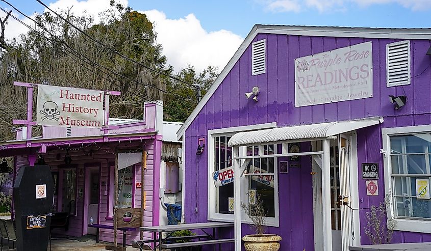 A street in Cassadadaga Spiritualist Camp including the Purple Rose and Haunted History Museum.