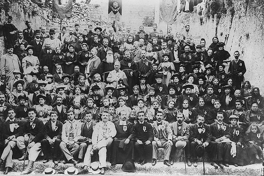 Christian pilgrims from Europe at the Tombs of the Kings in Jerusalem in 1895.