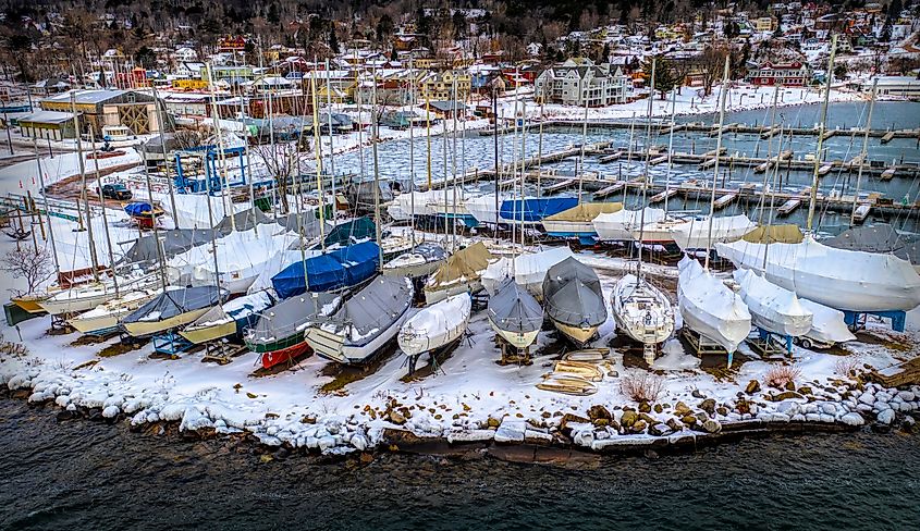 The marina in Bayfield, Wisconsin, in winter.