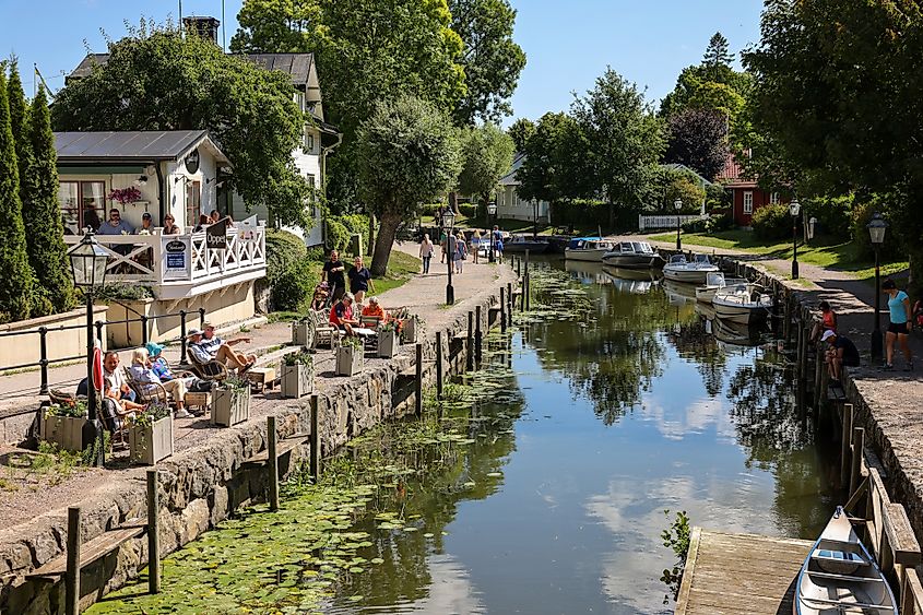 View of the Trosa River with moored pleasure boats in the seaside town of Trosa, Södermanland, Sweden