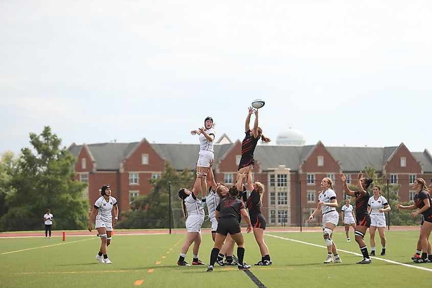 Women's rugby match at Lindenwood University.