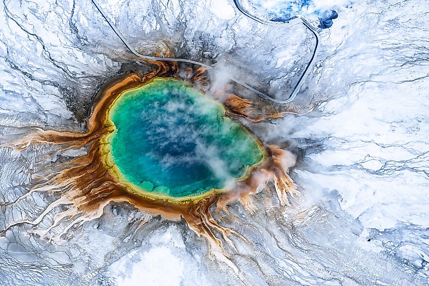 Aerial view of a geyser during winter in Yellowstone National Park, Wyoming.