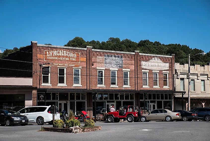 Shops on the square in Lynchburg, Tennessee, the home of Jack Daniel’s Distillery