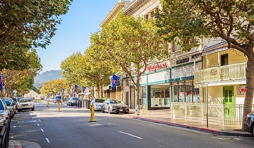 Alvarado Street, on a sunny fall morning, in Monterey, California.