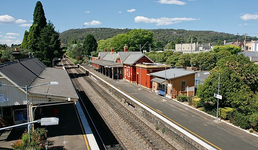 Elevated view of country railway station, Bowral, New South Wales, Australia