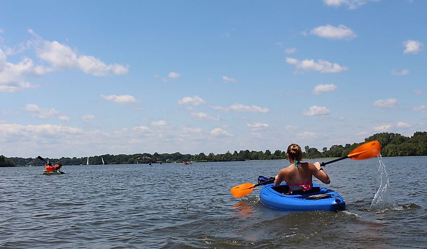 Kayakers on Lake MacBride in Solon, Iowa. 