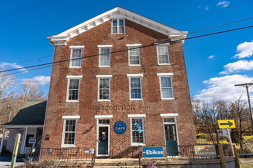 The Monkton Hotel, a three story brick building, is located near the Northern Central Railway station.