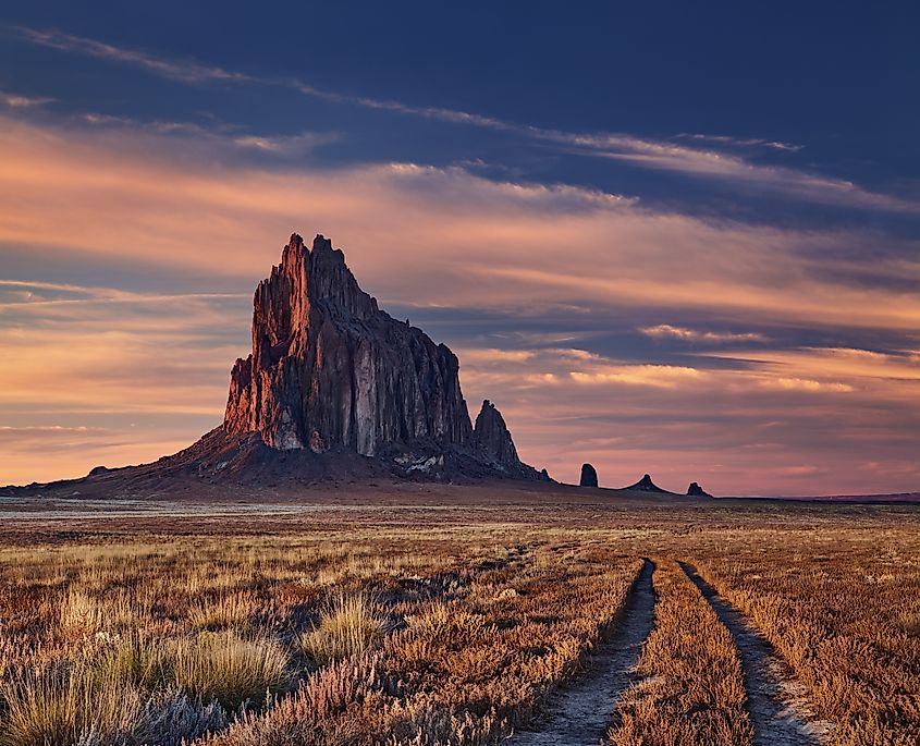 Shiprock, the great volcanic rock mountain in the desert plane of New Mexico.