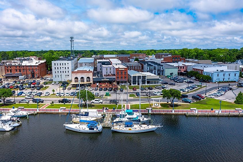 Aerial view of boats at the marina on the river near Washington, North Carolina. Editorial credit: Kyle J Little / Shutterstock.com