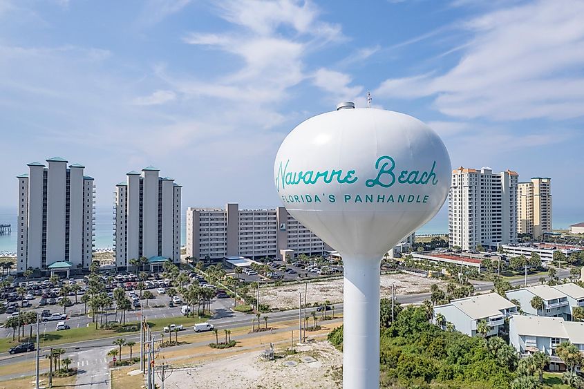 Aerial view of Navarre Beach Florida Water Tower on the Gulf of Mexico on a sunny summer day