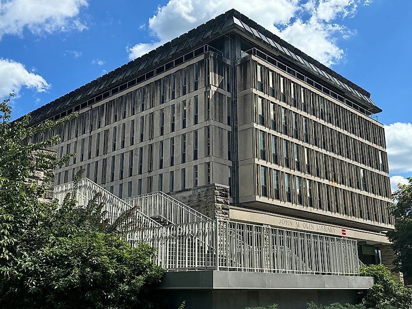 John M. Olin Library at Cornell University in Ithaca, New York, a modern academic library building on campus