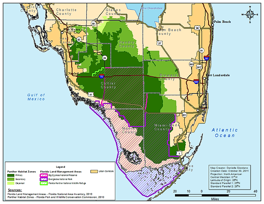 Map showing the habitat of Florida Panthers