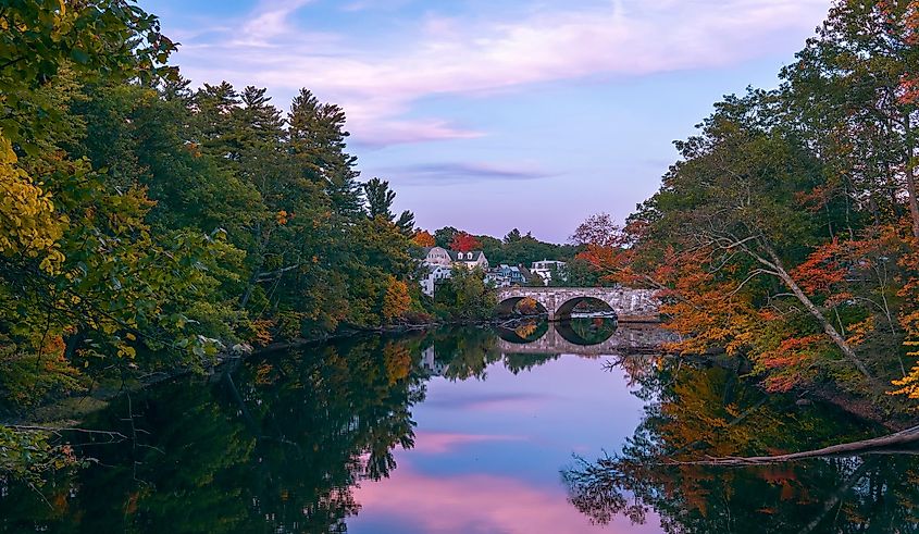 Contoacook River and Edna Dean Proctor Bridge in Henniker, New Hampshire.