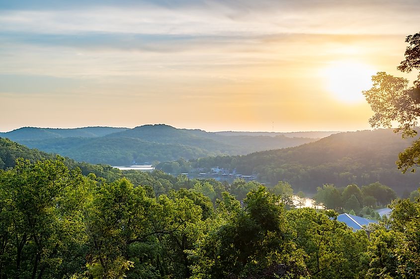 A peaceful sunrise over Lake of the Ozarks in Missouri.