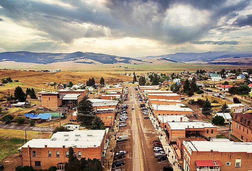 Aerial view of Broadway Street of Philipsburg, Montana,