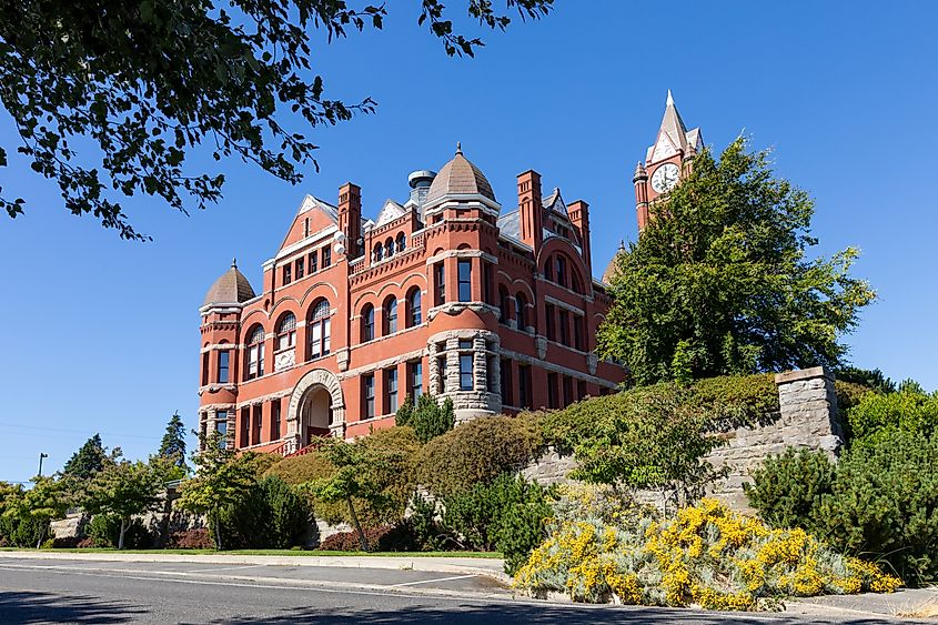 Historic Jefferson County Courthouse and Clock Tower Victorian style old historical building in Port Townsend.