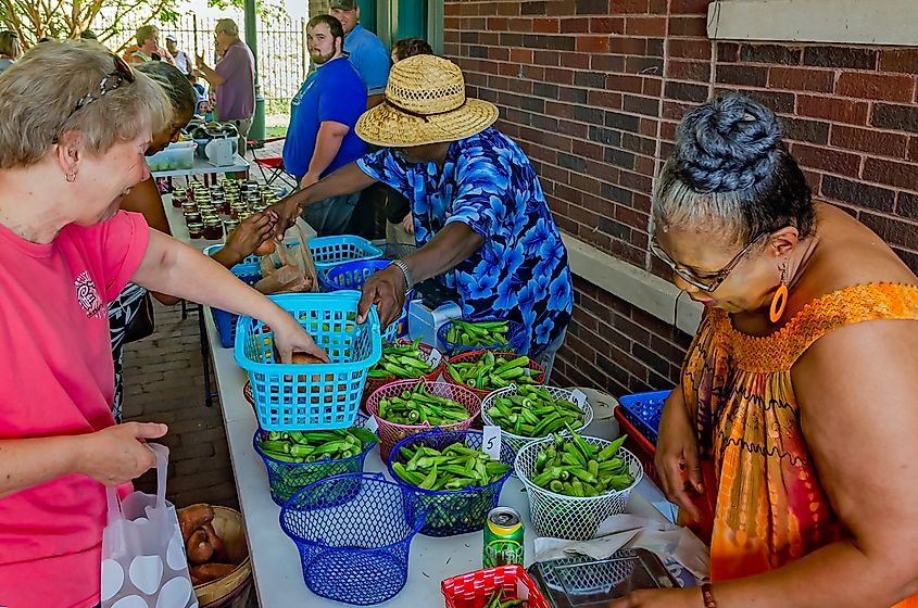 A woman buys pickled sweet potatoes from a vendor in Mississippi. Image Credit Carmen K. Sisson via Shutterstock.