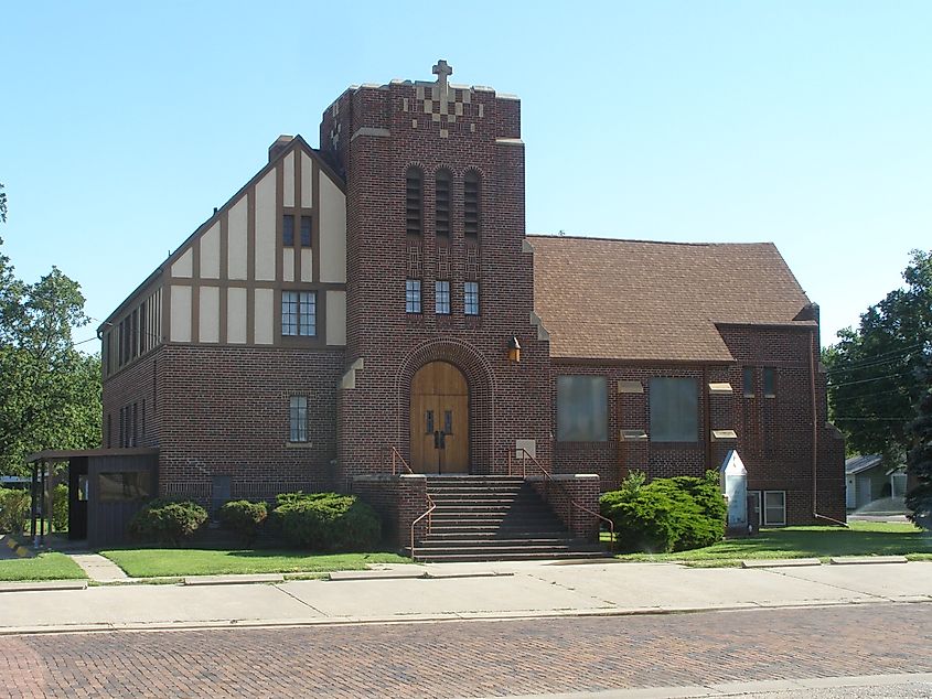 A brick church in the town of Ellinwood, Kansas.