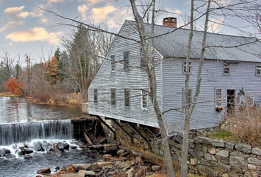 Squannacook River dam that once supplied power for this historic sawmill and cooperage in Townsend, Massachusetts.