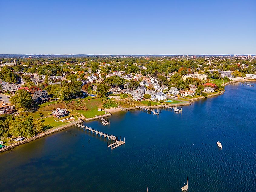 Aerial view of Edgewood Beach from Providence River near the river mouth to Narragansett Bay, with the modern city skyline of Providence in the background. Located in Cranston, Rhode Island, USA.