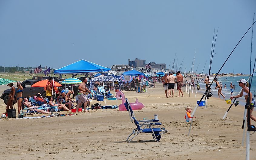 Crowds enjoying the surf fishing beach at Fenwick Island, Delaware.