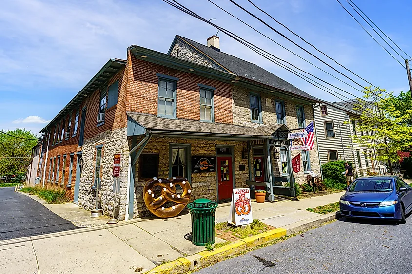 Exterior view of the Julius Sturgis Pretzel Bakery in Lititz, Pennsylvania.
