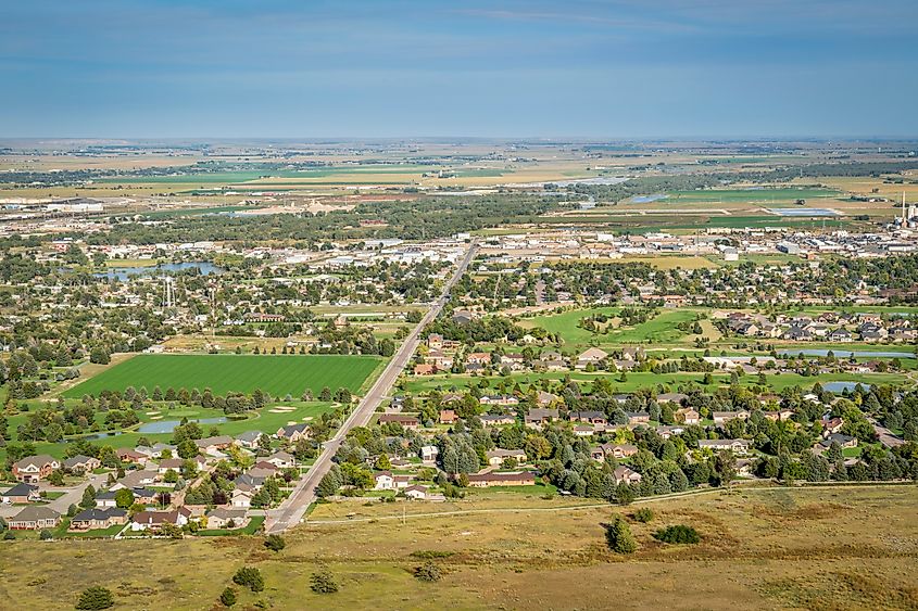 Town of Scottsbluff and North Platte River in Nebraska, aerial view from Scotts Bluff National Monument summit.