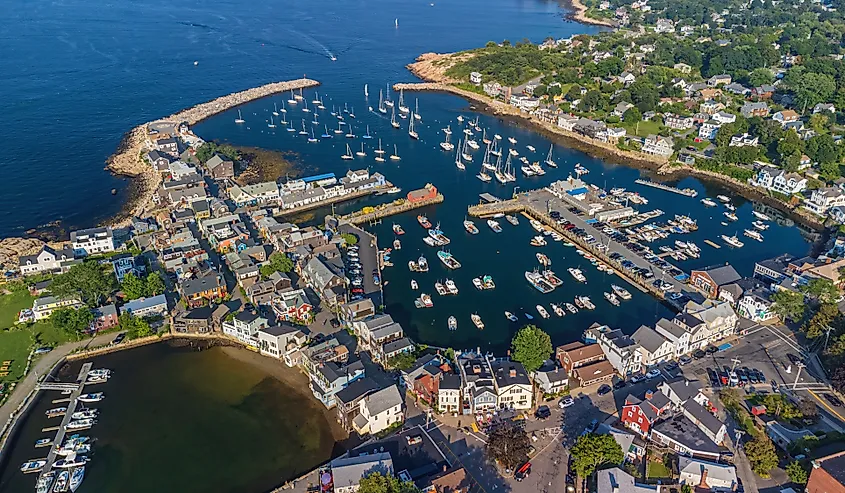 Rockport Harbor and Motif Nr. 1 aerial view in Rockport, Massachusetts, USA. 