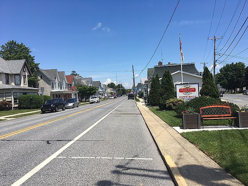 Eastbound Delaware Route 6 (Main Street) past the intersection with Smyrna Avenue in Clayton, Delaware.