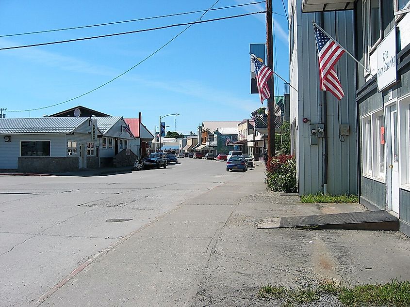 Downtown Wrangell, Alaska, looking north along Front Street by the Diamond C Cafe.